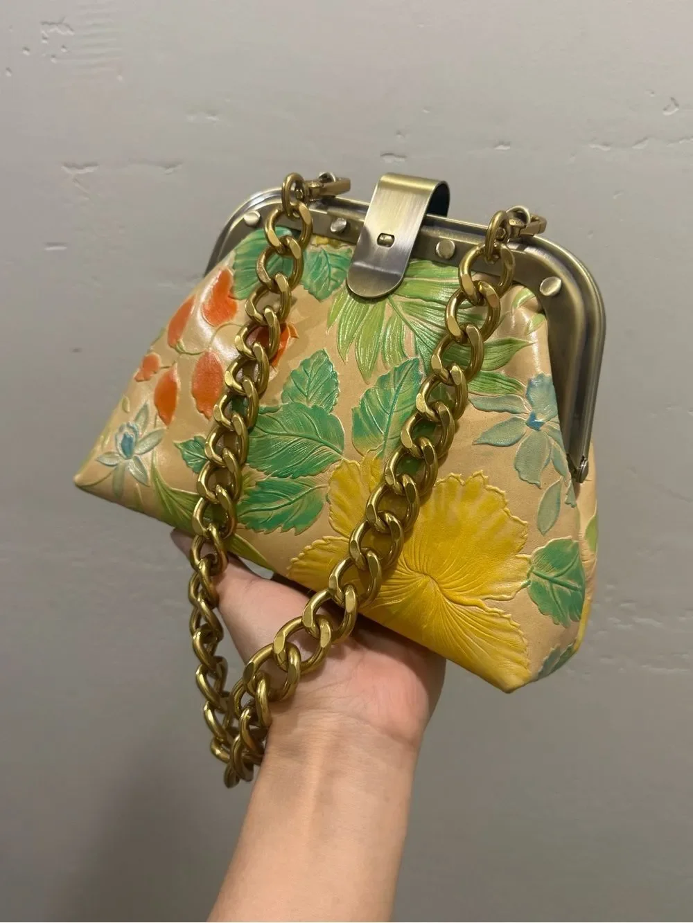 Floral Embossed Cowhide Handmade Unique Rivet Frame Bag, Retro Style Leather Bag